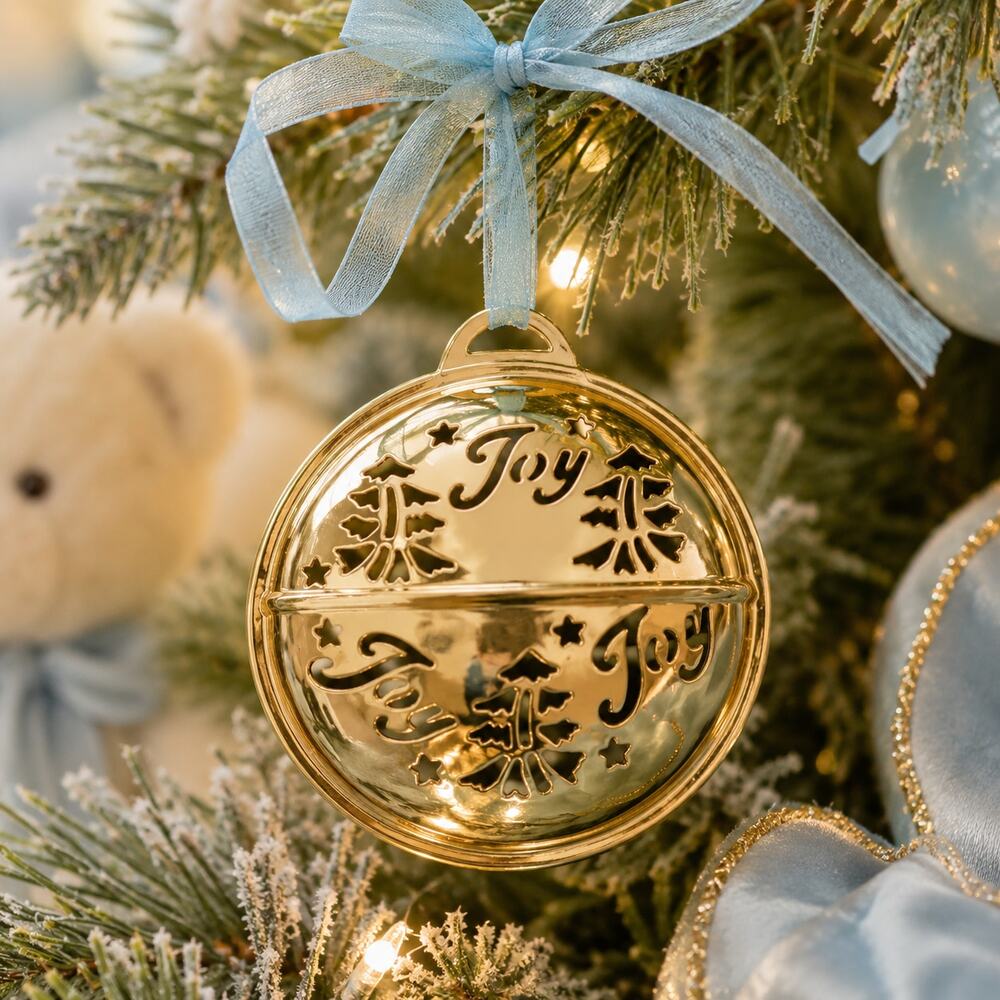 👶🏼🪇🎄Gold Tone Joy Jingle Bell Baby Christmas Ornament Tree Cutout Hang Decor